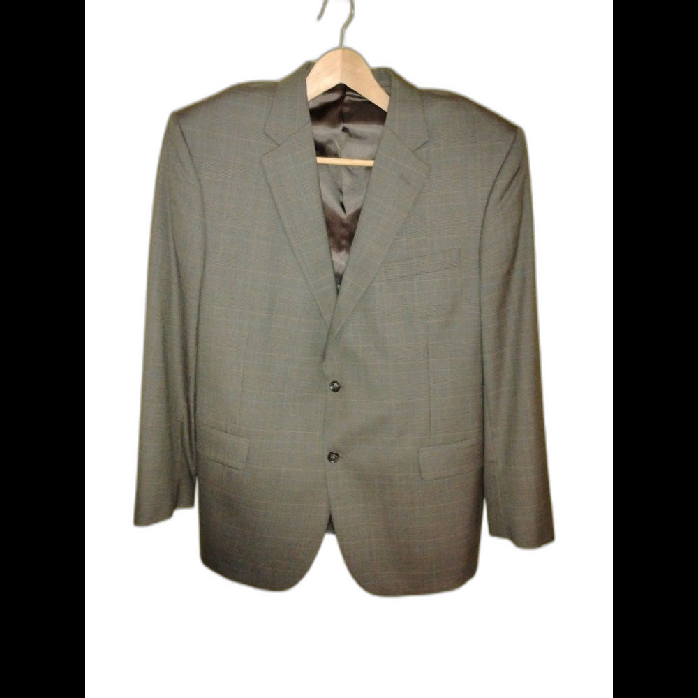 MEN BLAZER JACKET SIZE 42L GREY & BLACK PLAID JOS.A BANK 100% WOOL